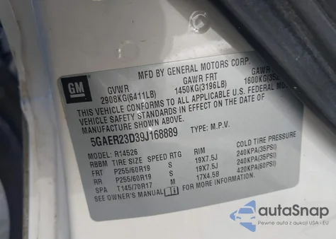 2009 Buick Enclave Cxl из США, поврежденный, VIN 5GAER23D39J168889